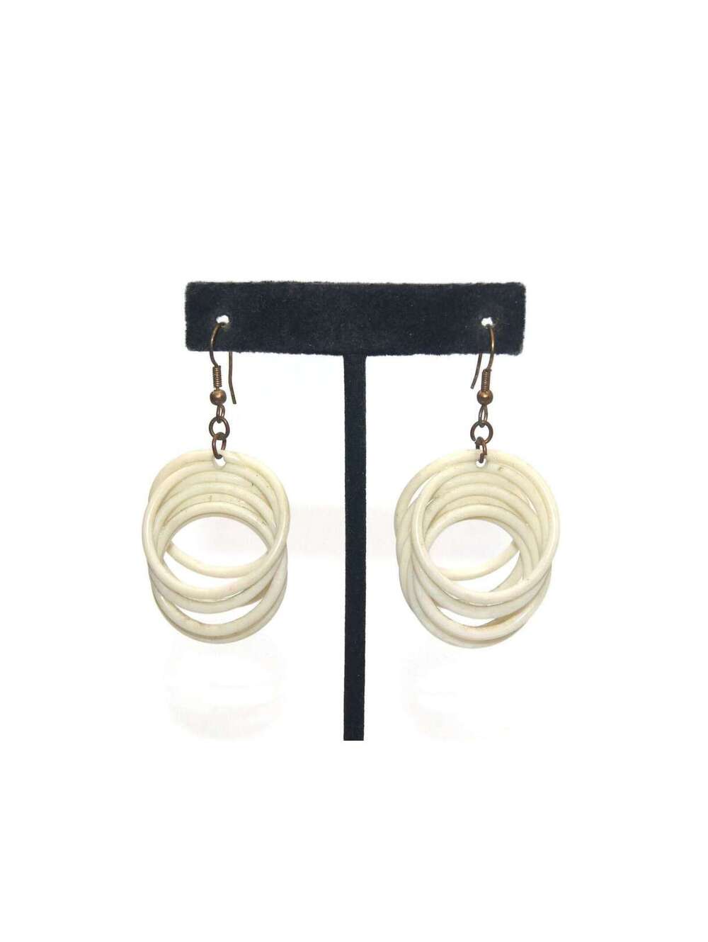 Vintage Spiral White Plastic Dangle Earrings with Hook Backs for Pierced Ears.